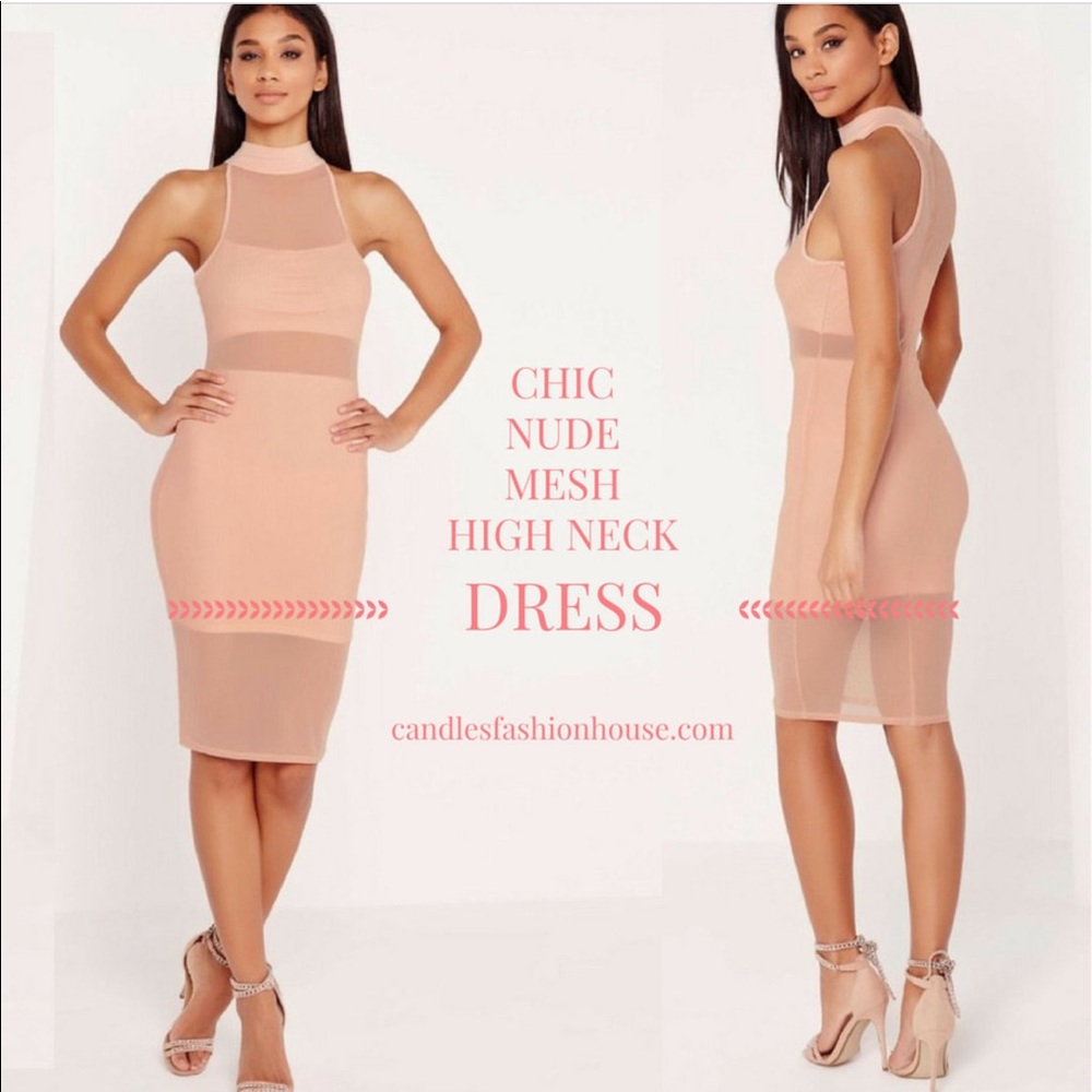 💎Chic Nude Mesh High Neck Dress💎 - Picture 2 of 5
